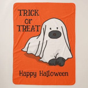 Halloween Whimsical Cute Ghost Dog Orange Sherpa Blanket