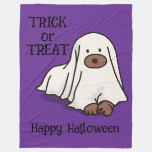 Halloween Whimsical Cute Ghost Dog Purple Fleece Blanket