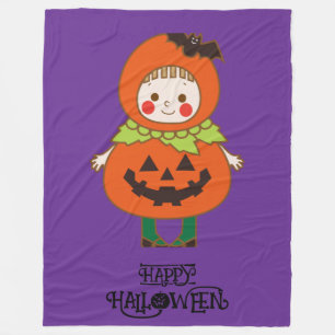 Halloween Whimsical Cute Pumpkin Girl Purple Fleece Blanket