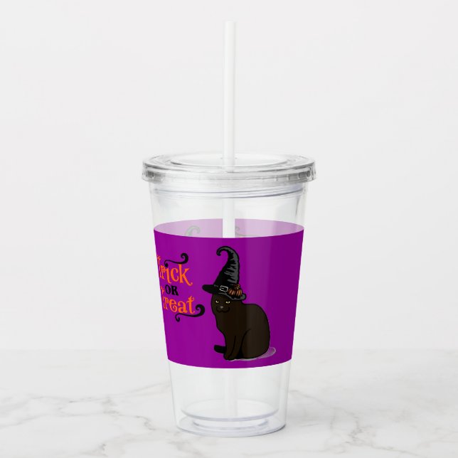 Halloween Whimsical Cute Witch Cat Purple  Acrylic Tumbler (Front)