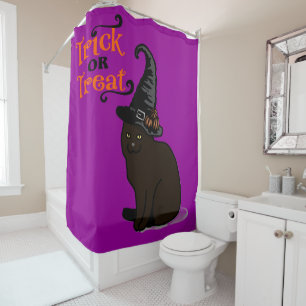 Halloween Whimsical Cute Witch Cat Purple Shower Curtain