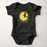 Halloween Whimsical Flying Witch Full Moon Baby Bodysuit<br><div class="desc">A scary witch flying on her broomstick on an eery Halloween night. Watch out doe hex and spells on all Hallows Eve. This whimsical flying witch will be sure to make your Halloween gatherings extra spooky. This flying witch in the moonlight is a great way to add some extra fun...</div>
