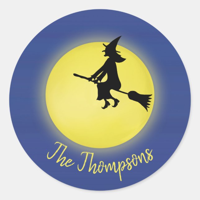Halloween Whimsical Flying Witch Full Moon Cute Classic Round Sticker (Front)