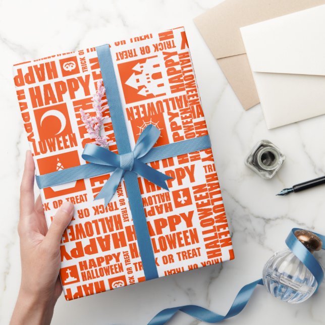 Halloween Whimsical Funny typography Orange Wrapping Paper (Gifting)