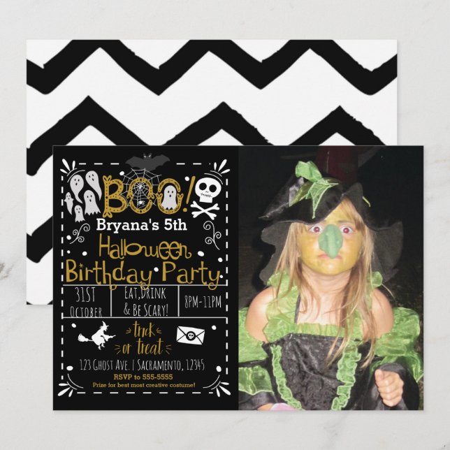 Halloween Whimsical Modern Birthday Party Photo Invitation (Front/Back)