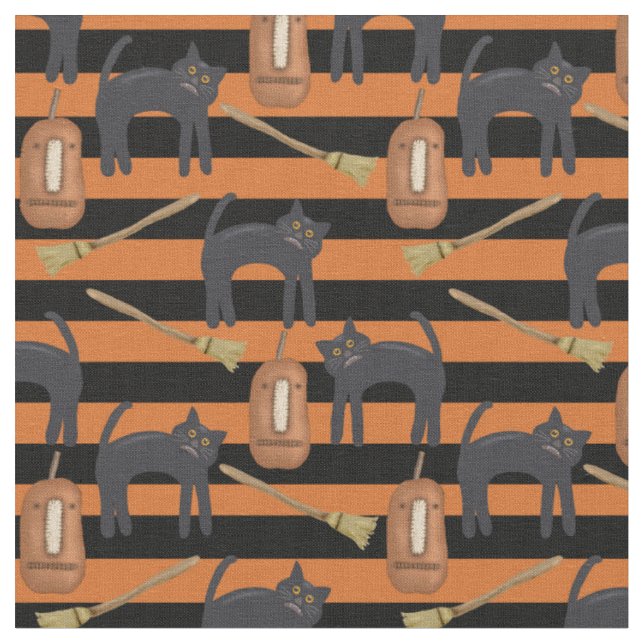 Halloween Whimsical Stripes, Cats, Pumpkins Fabric (Close Up)