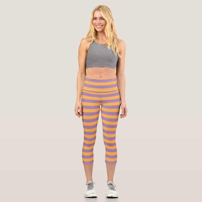Halloween Whimsical Witch Orange Purple Striped Capri Leggings (Front)