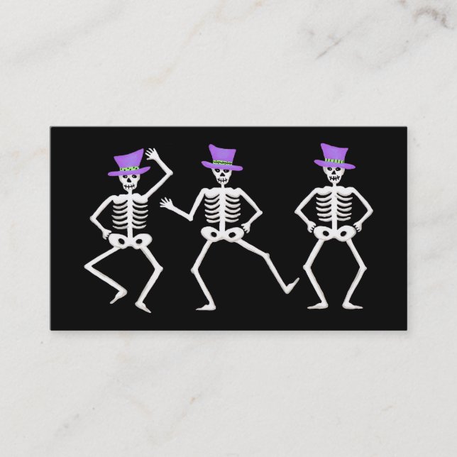 Halloween Whimsy Dancing Skeletons Purple Top Hat Business Card (Front)
