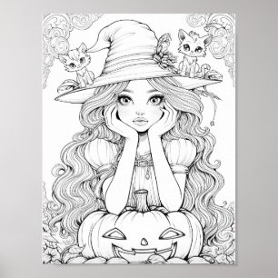 Halloween Whimsy: Pumpkin Cats on Hat Colouring Poster