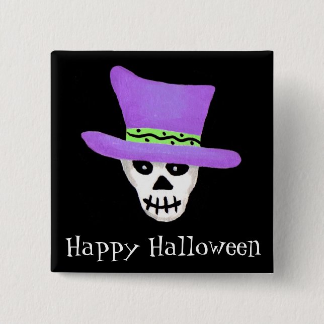 Halloween Whimsy Skeleton Skull Happy Halloween 15 Cm Square Badge (Front)