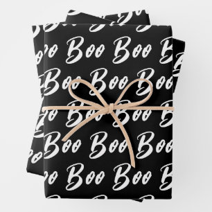 Halloween white black boo text pattern wrapping paper sheet