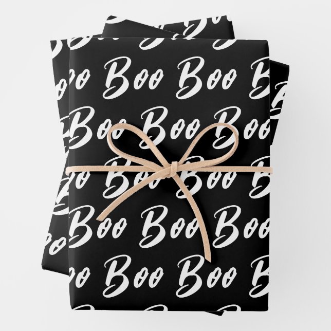 Halloween white black boo text pattern wrapping paper sheet (In situ)