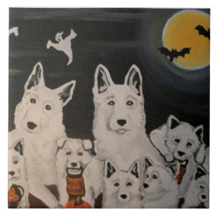 Halloween White Dog Family Tile