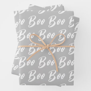 Halloween white grey boo text pattern wrapping paper sheet