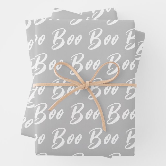 Halloween white grey boo text pattern wrapping paper sheet (In situ)