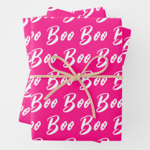 Halloween white hot pink boo text pattern wrapping paper sheet