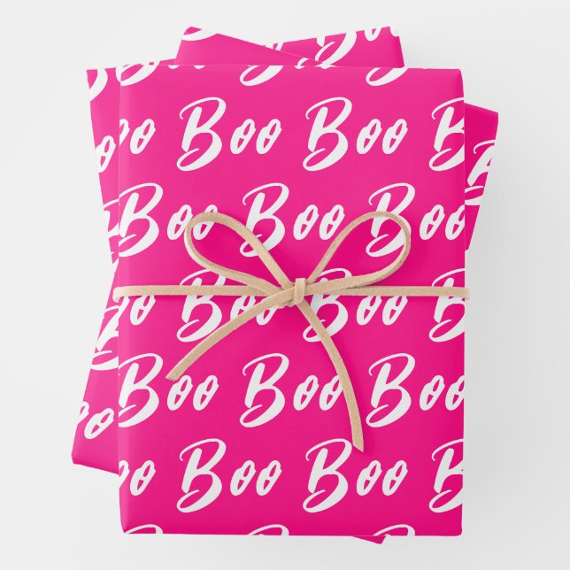 Halloween white hot pink boo text pattern wrapping paper sheet (In situ)