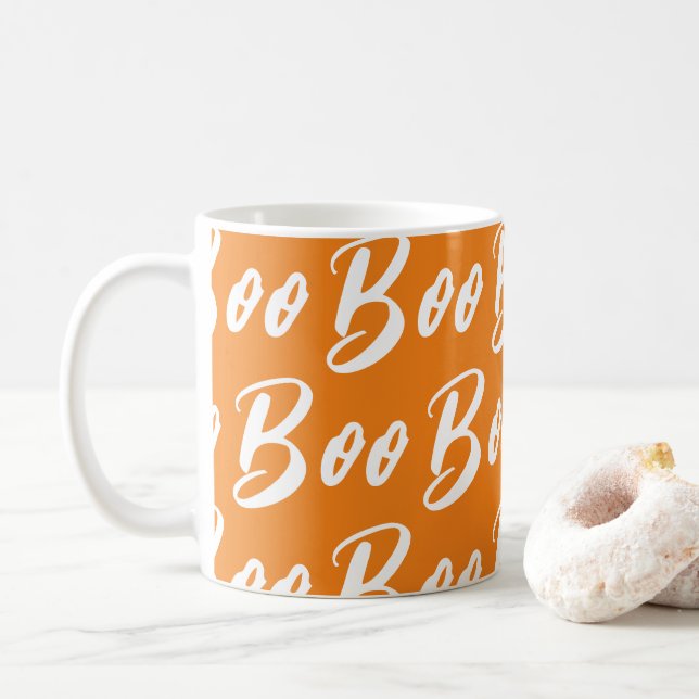 Halloween white orange boo text pattern coffee mug (With Donut)