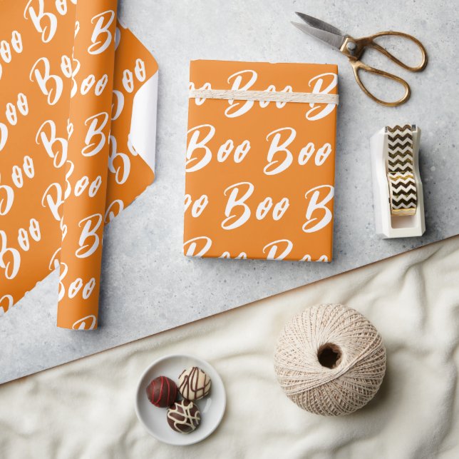 Halloween white orange boo text pattern wrapping paper (Crafts)
