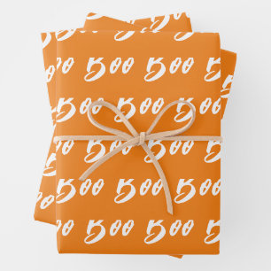 Halloween white orange boo text pattern wrapping paper sheet
