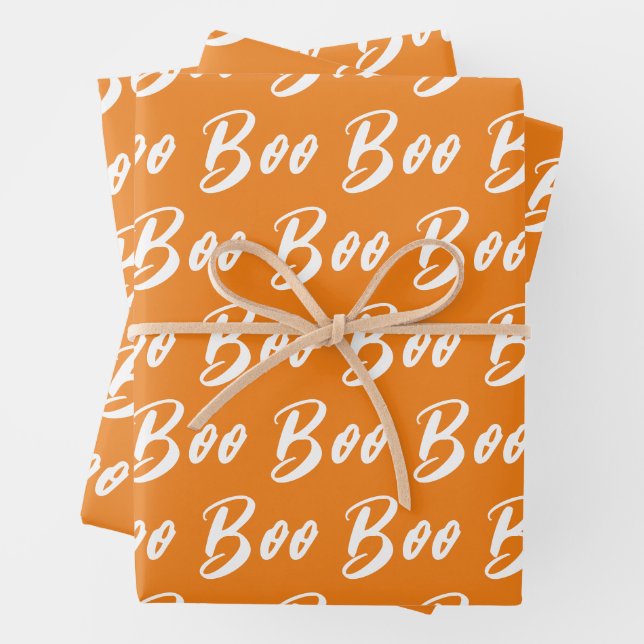 Halloween white orange boo text pattern wrapping paper sheet (In situ)