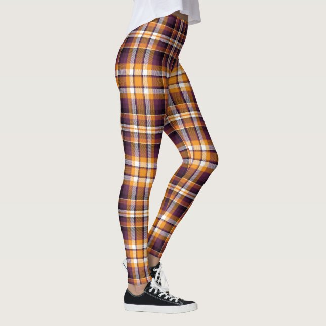 Halloween White, Orange & Purple Plaid Pattern Leggings (Right)