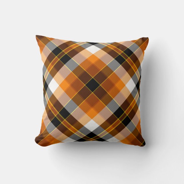 Halloween White, Orange, Yellow & Black Plaid Cushion (Front)