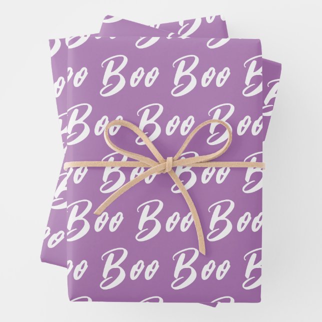 Halloween white purple lavender boo text pattern wrapping paper sheet (In situ)