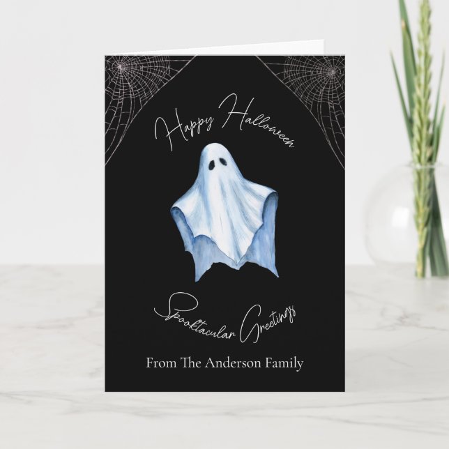 Halloween White Sheet Ghost & Cobwebs Gothic Black Holiday Card (Front)