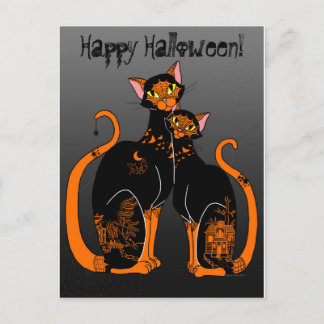 Halloween Willow Patterned Cats Postcard