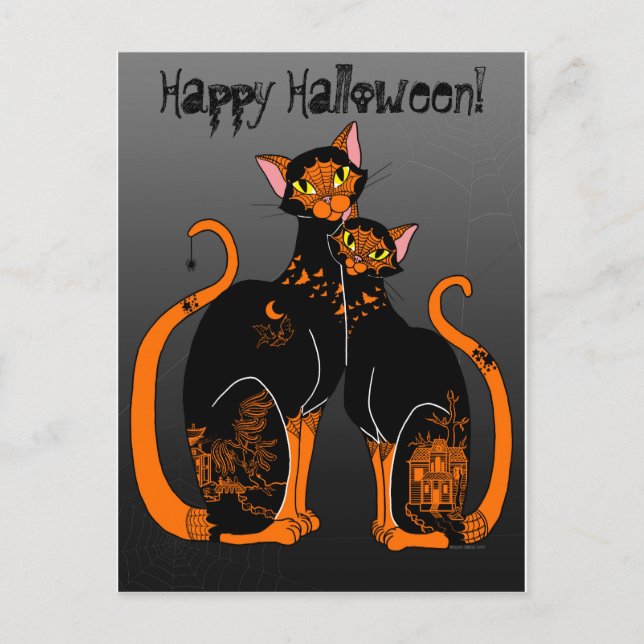 Halloween Willow Patterned Cats Postcard (Front)