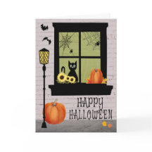 Halloween Window with Black Cat and Pumpkins