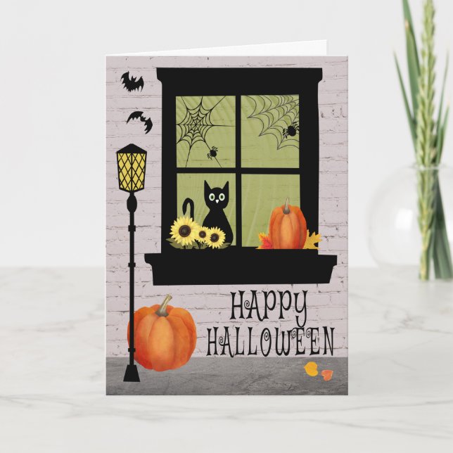 Halloween Window with Black Cat and Pumpkins Card (Front)