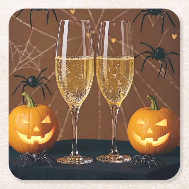 Halloween Wine Champagne Spiders Pumpkins Square Paper Coaster (Front)