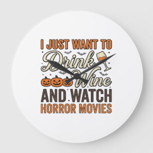 Halloween Wine Horror Movies Vintage Shirt Design_ Large Clock