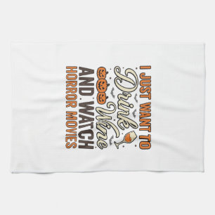 Halloween Wine Horror Movies Vintage Shirt Design_ Tea Towel