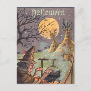 Halloween Witch - A Scary Night out - Vintage Art Postcard
