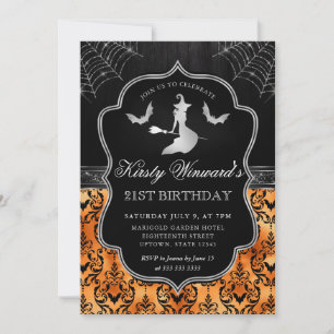 Halloween Witch and Bat Damask 21st Birthday Invitation