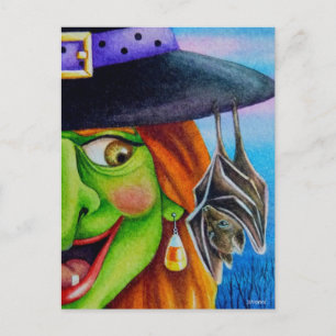 Halloween Witch and Bat Watercolor Art Postcard