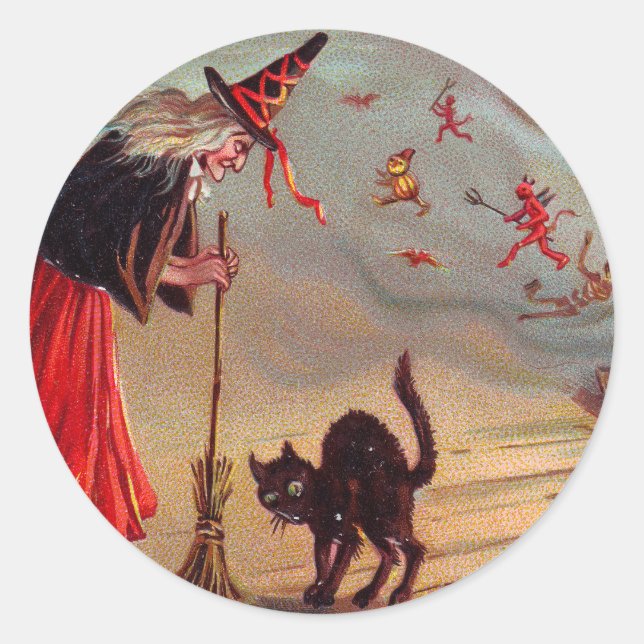 Halloween Witch and Black Cat Classic Round Sticker (Front)