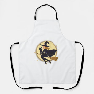 Halloween Witch and Black Cat Flying in Moonlight  Apron