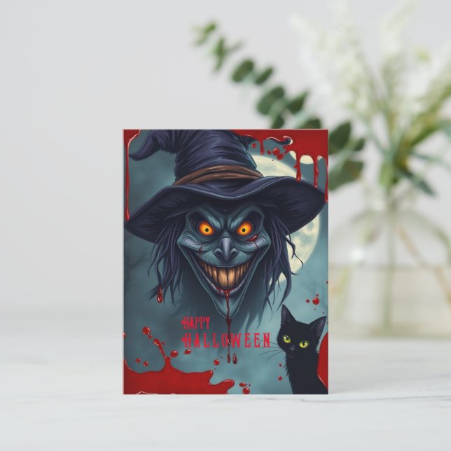 Halloween witch and black cat holiday card (Standing Front)