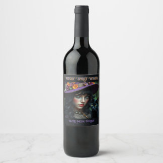 Halloween Witch and Black Cat Wine Label