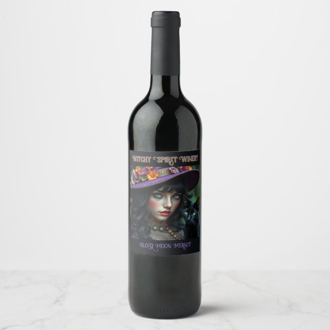 Halloween Witch and Black Cat Wine Label (Front)