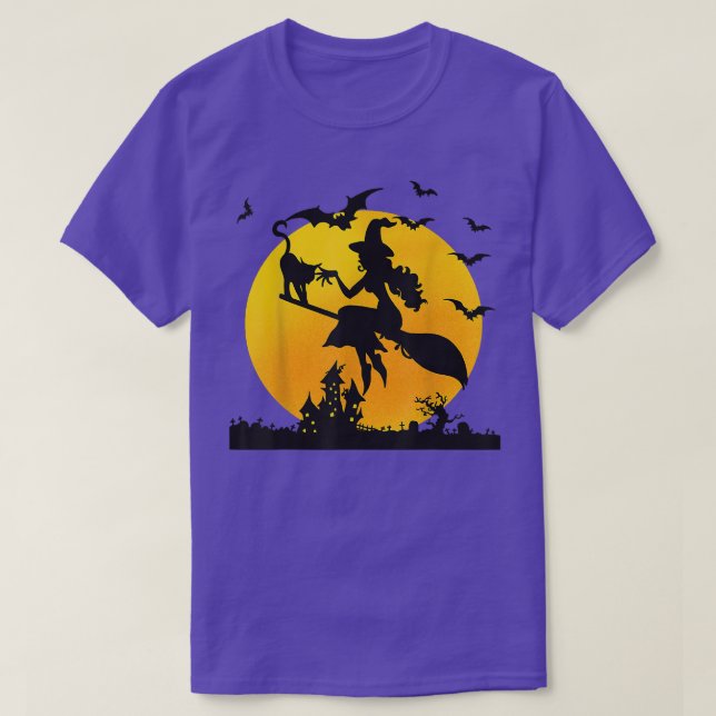 Halloween Witch And Cat Broom, Halloween Costume  T-Shirt (Design Front)