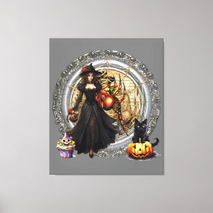 Halloween Witch And Cat Canvas Print