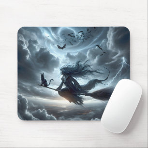 Halloween Witch and Cat On a Broom Mouse Mat