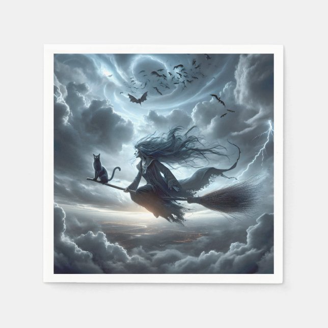 Halloween Witch and Cat On a Broom Napkin (Front)