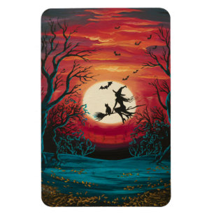 Halloween Witch and Cat on a Broomstick Magnet