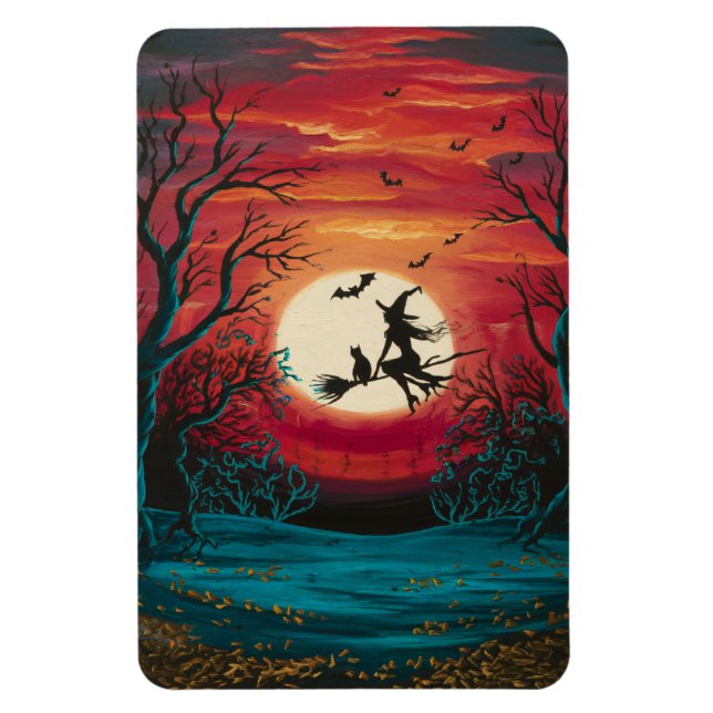 Halloween Witch and Cat on a Broomstick Magnet (Vertical)